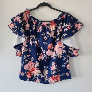 Womens Blouse Top Small Navy Blue Floral Ruffle Off-Shoulder